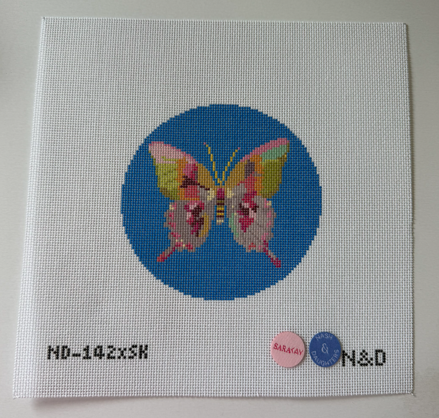 Gold & Green Butterfly Round on Blue Needlepoint Canvas