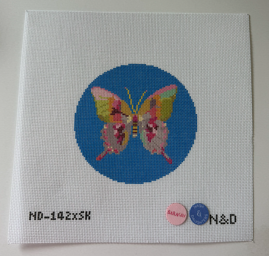 Gold & Green Butterfly Round on Blue Needlepoint Canvas