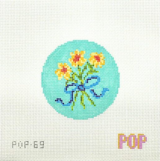 Blue Floral Bow Round Needlepoint Canvas