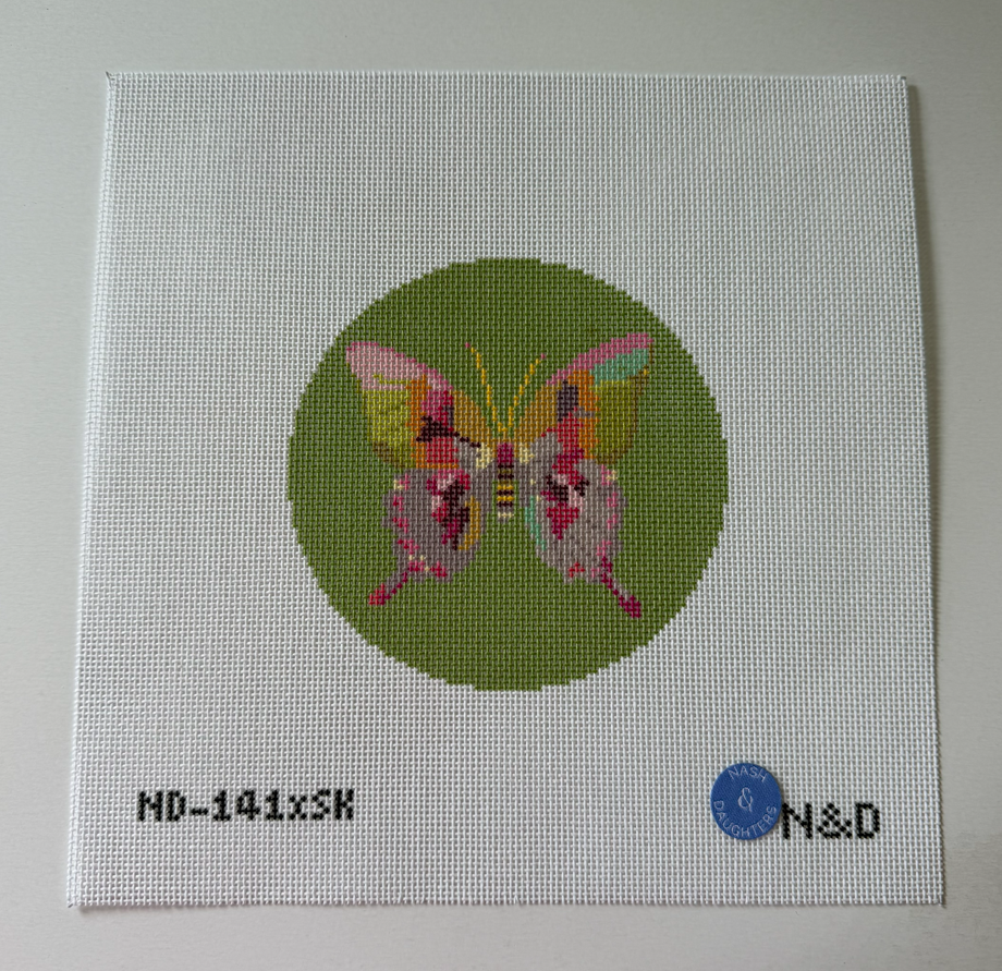Gold & Green Butterfly Round on Green Needlepoint Canvas