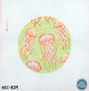Jellyfish Round - Green Needlepoint Canvas